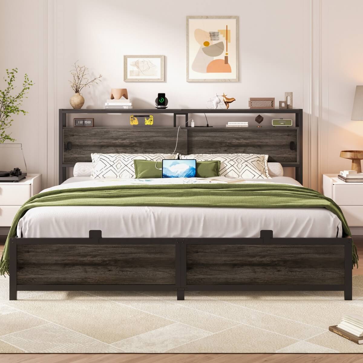 Bed Frame with Storage Slide Door Headboard, Built In Outlet and LED Lights