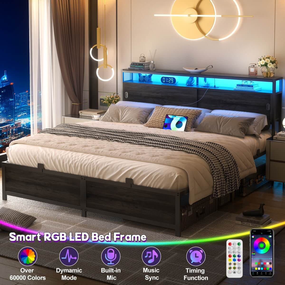 Bed Frame with Storage Slide Door Headboard, Built In Outlet and LED Lights