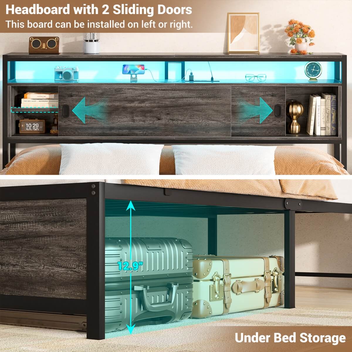 Bed Frame with Storage Slide Door Headboard, Built In Outlet and LED Lights