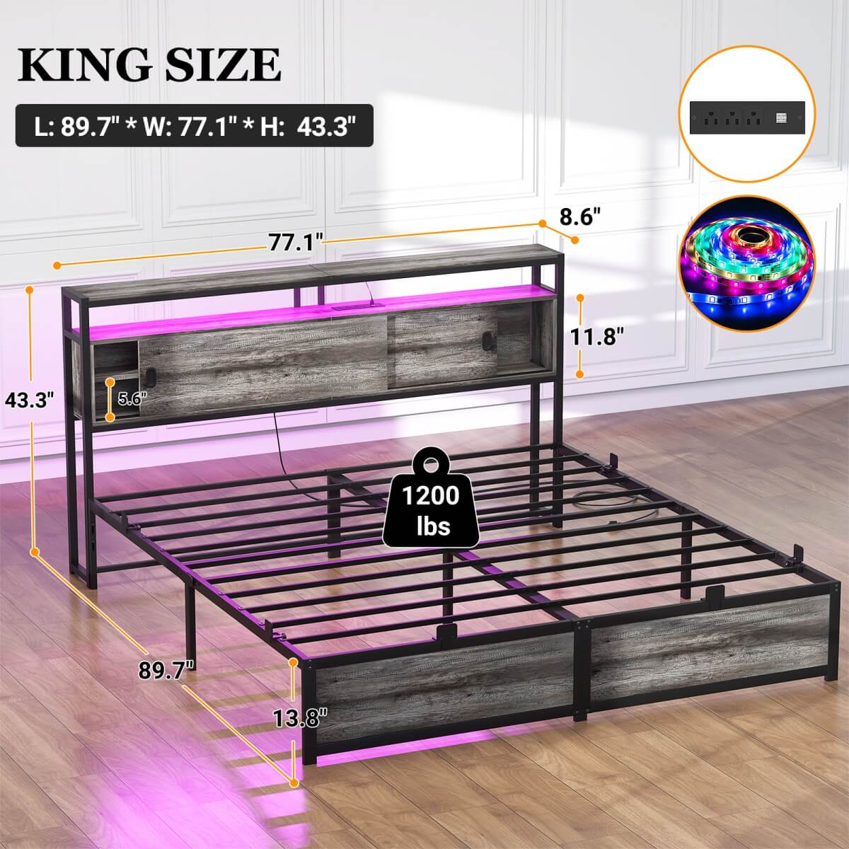 Bed Frame with Storage Slide Door Headboard, Built In Outlet and LED Lights