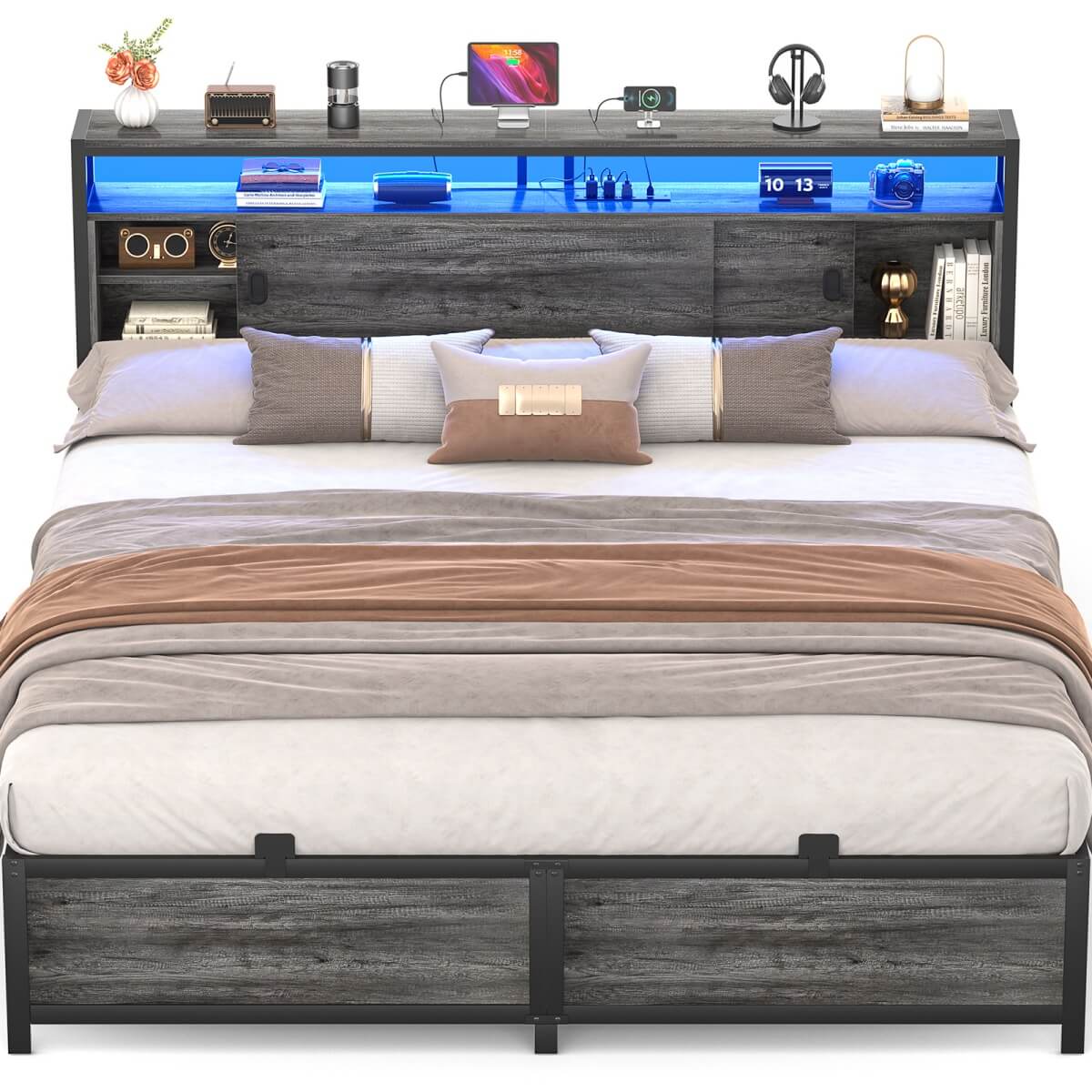 Bed Frame with Storage Slide Door Headboard, Built In Outlet and LED Lights