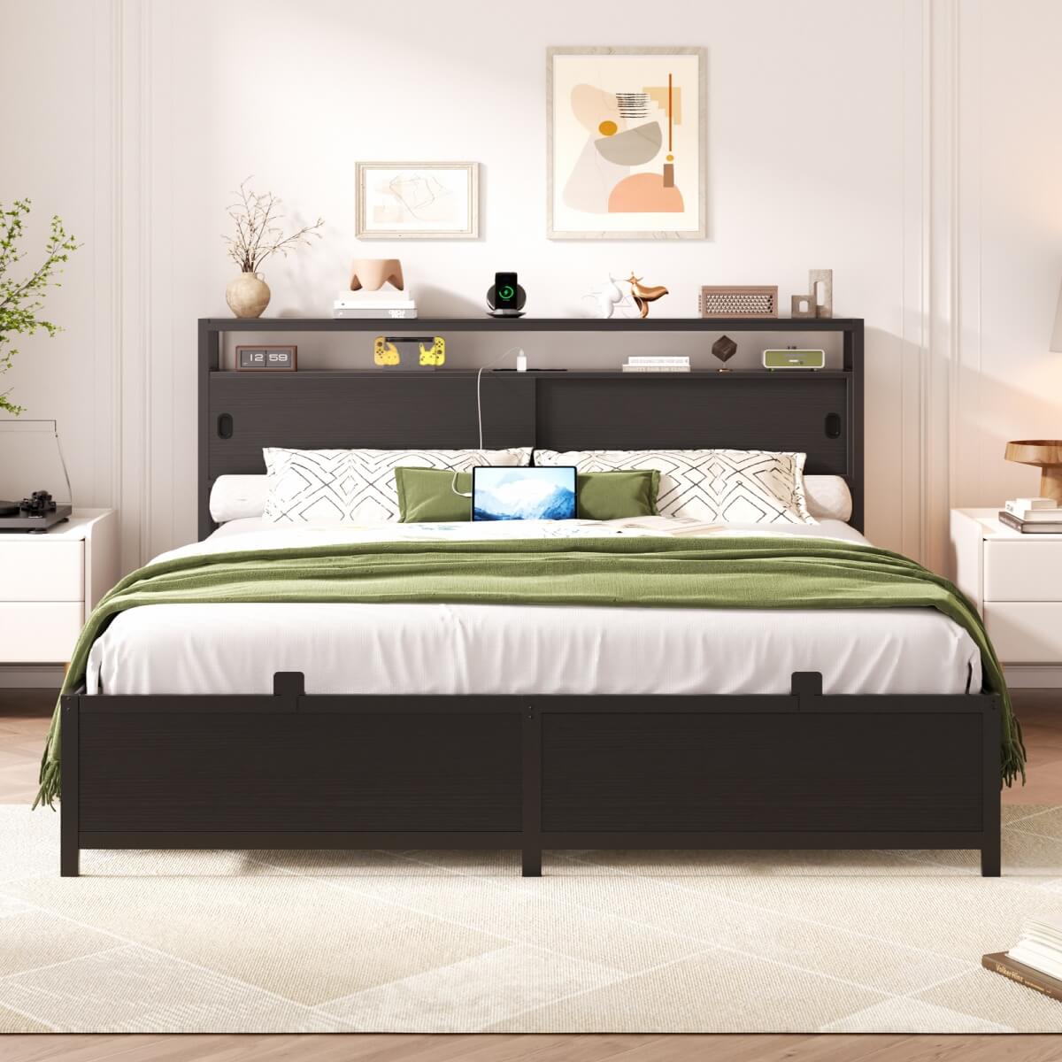 Bed Frame with Storage Slide Door Headboard, Built In Outlet and LED Lights