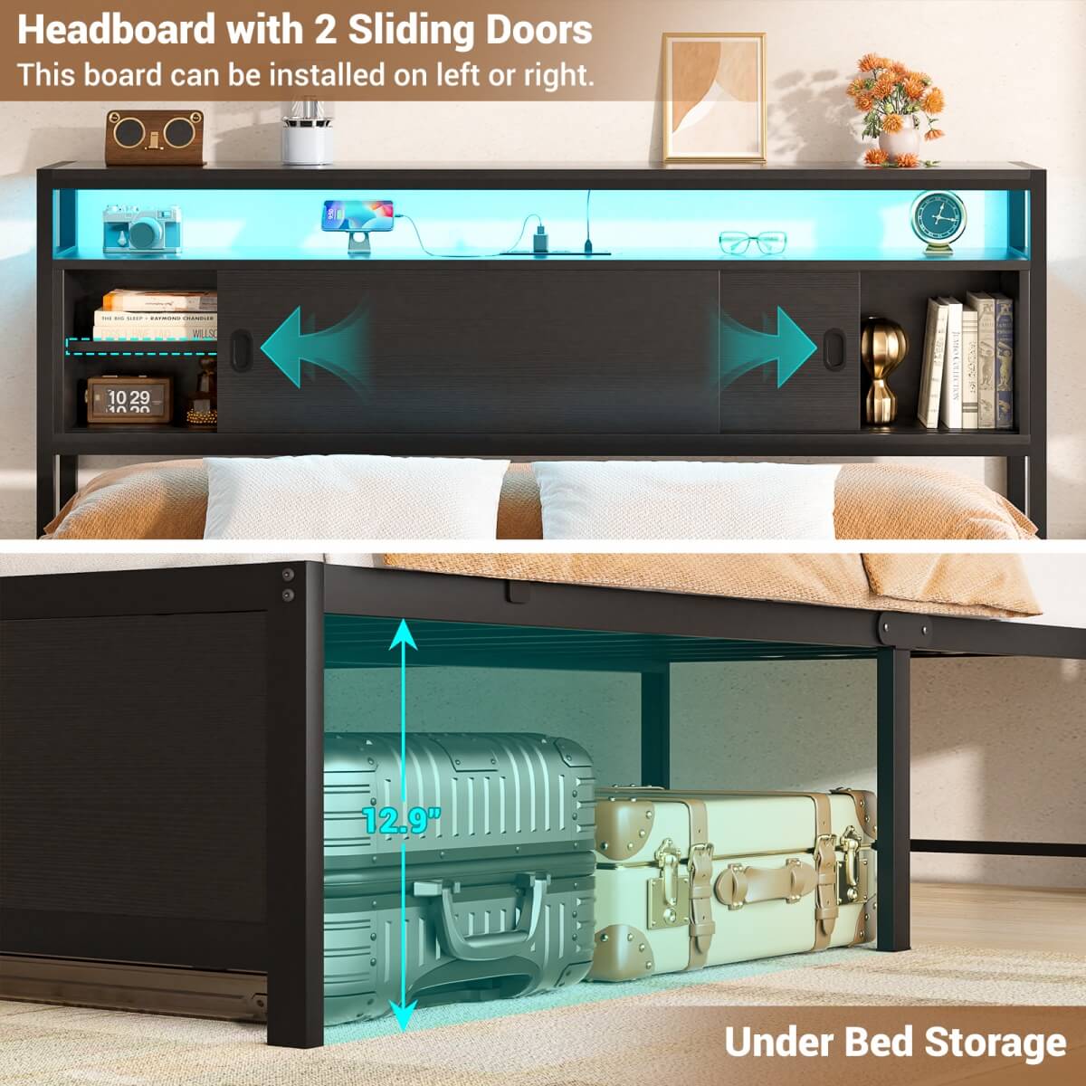 Bed Frame with Storage Slide Door Headboard, Built In Outlet and LED Lights