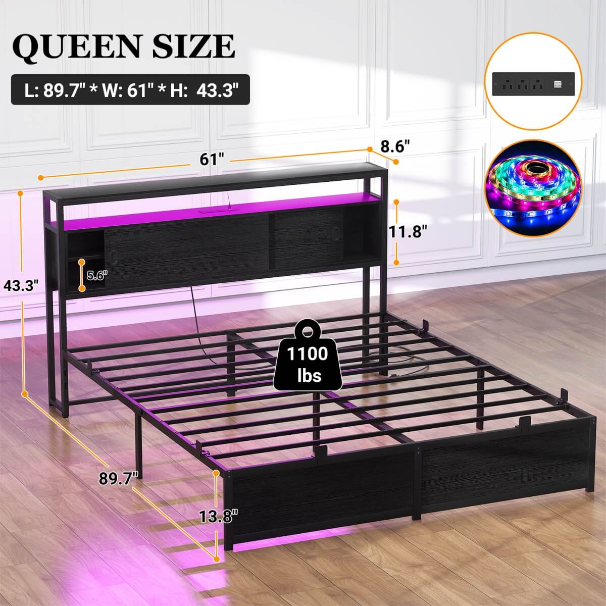 Bed Frame with Storage Slide Door Headboard, Built In Outlet and LED Lights