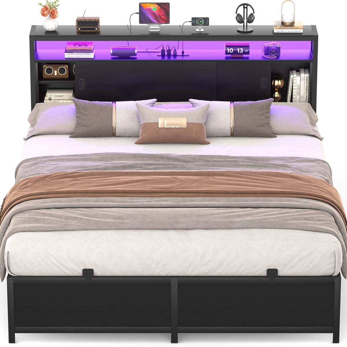 Bed Frame with Storage Slide Door Headboard, Built In Outlet and LED Lights