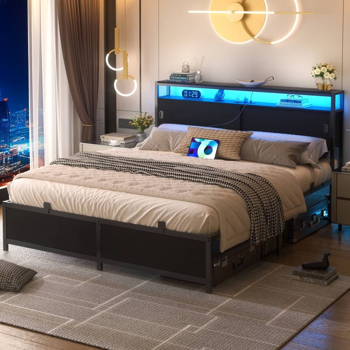 Bed Frame with Storage Slide Door Headboard, Built In Outlet and LED Lights