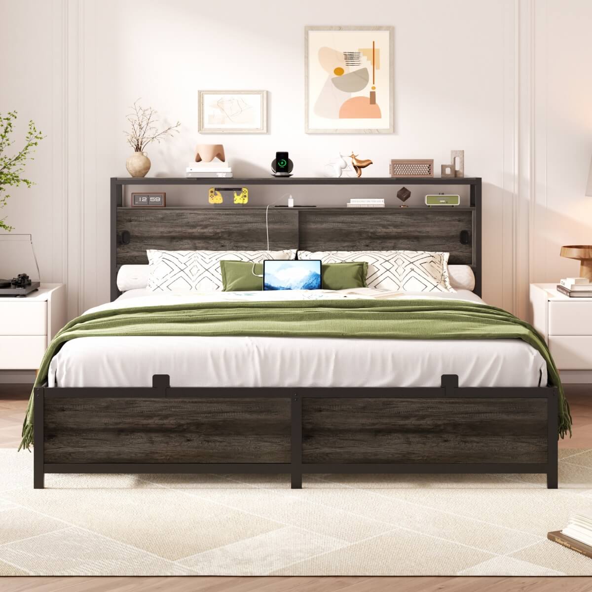 Bed Frame with Storage Slide Door Headboard, Built In Outlet and LED Lights