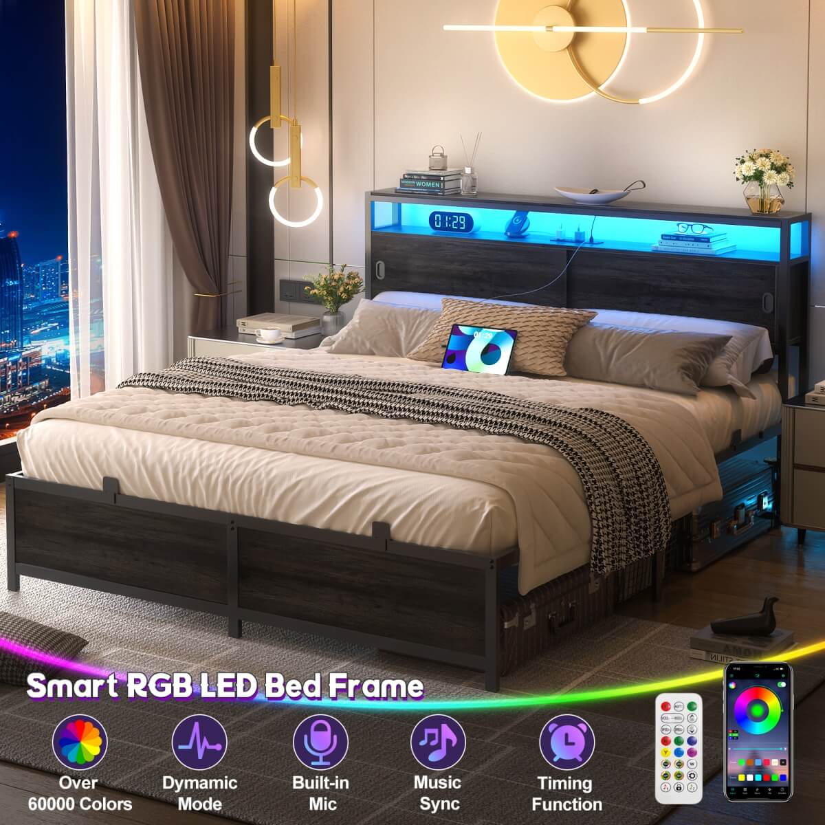 Bed Frame with Storage Slide Door Headboard, Built In Outlet and LED Lights