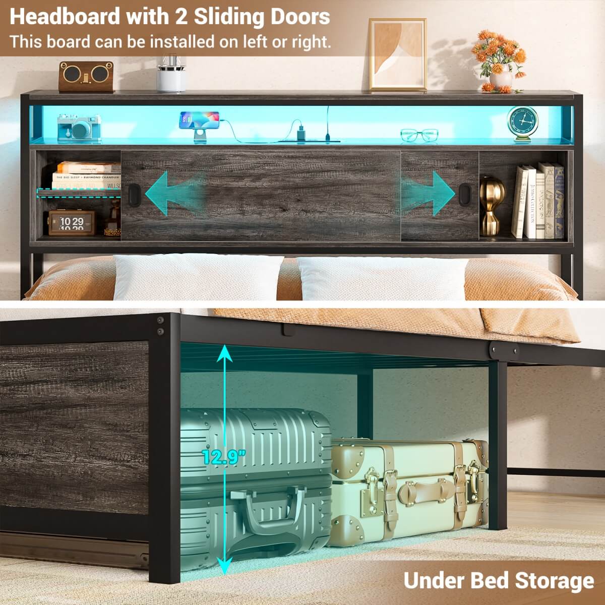 Bed Frame with Storage Slide Door Headboard, Built In Outlet and LED Lights