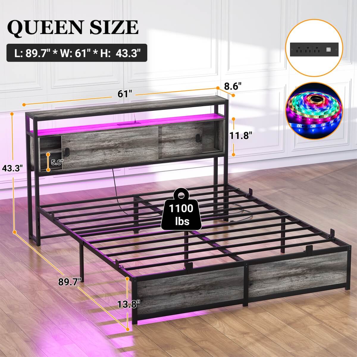Bed Frame with Storage Slide Door Headboard, Built In Outlet and LED Lights