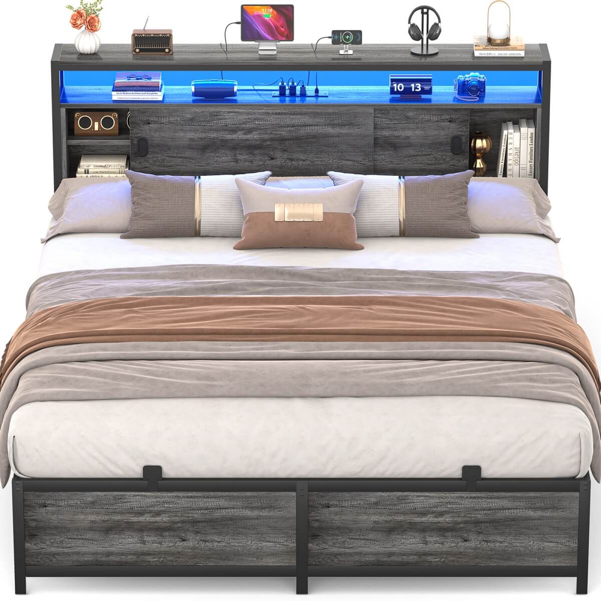 Bed Frame with Storage Slide Door Headboard, Built In Outlet and LED Lights