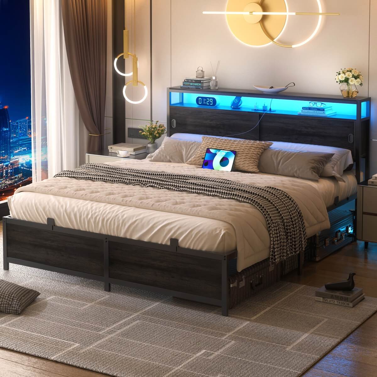 Bed Frame with Storage Slide Door Headboard, Built In Outlet and LED Lights