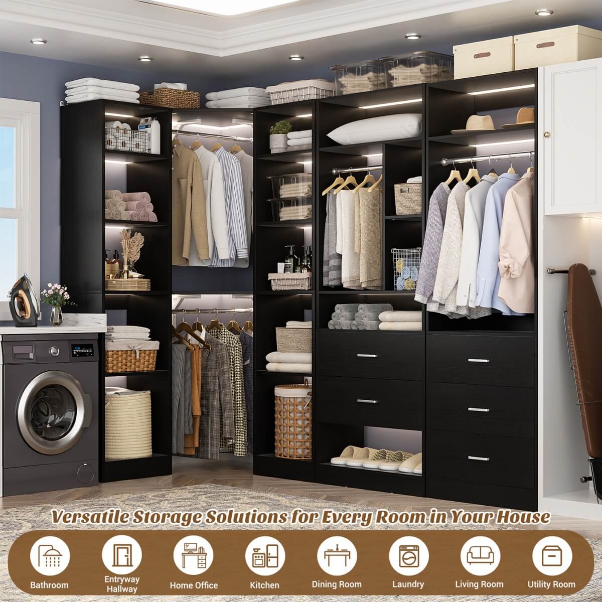 87.2 Inch Freestanding Closet System with Drawers and Hanging Rods, Set of 3