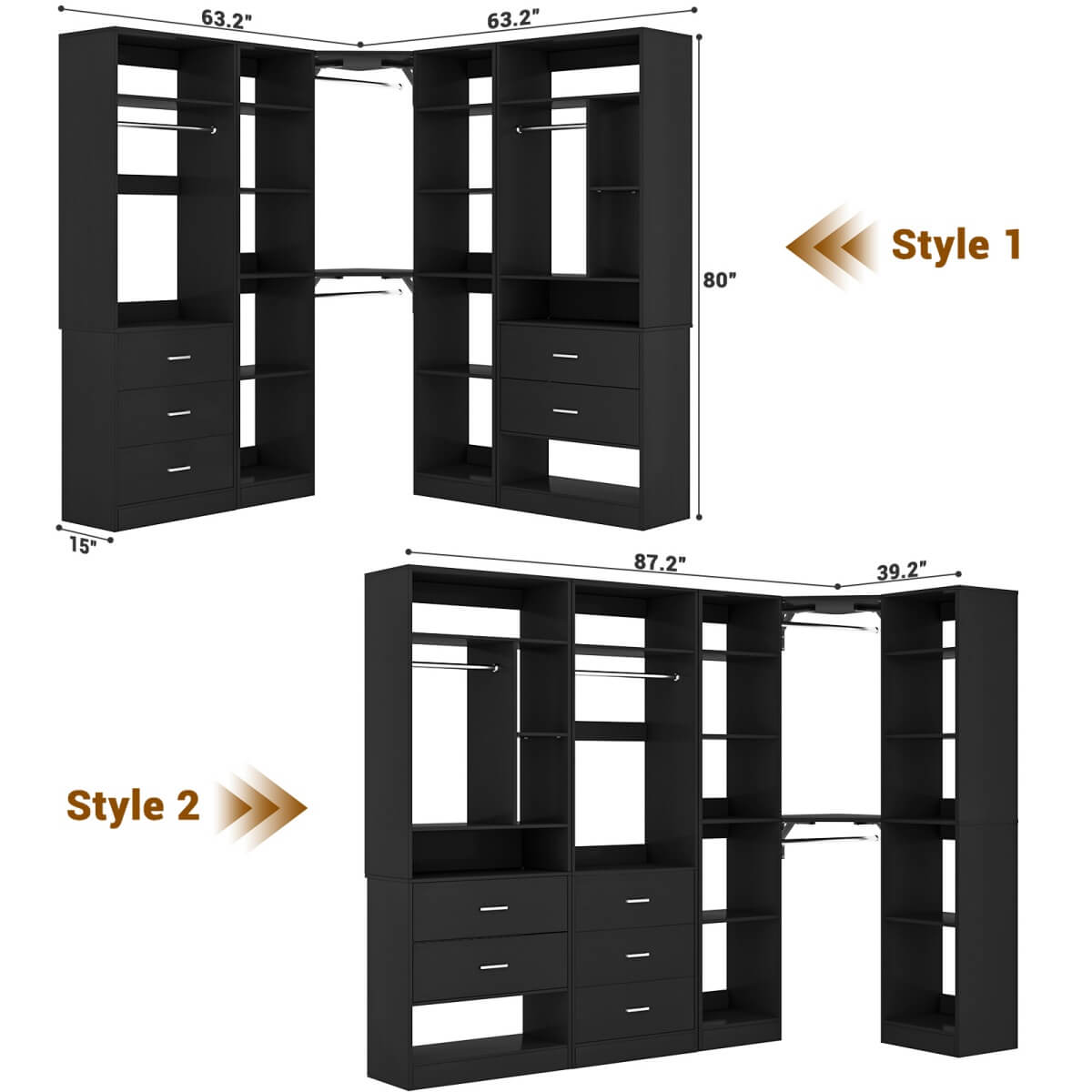 87.2 Inch Freestanding Closet System with Drawers and Hanging Rods, Set of 3