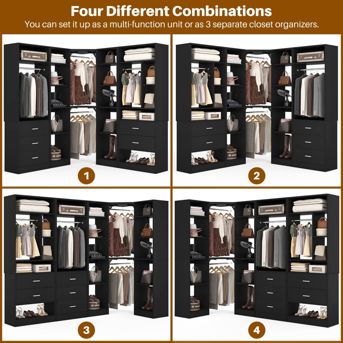 87.2 Inch Freestanding Closet System with Drawers and Hanging Rods, Set of 3