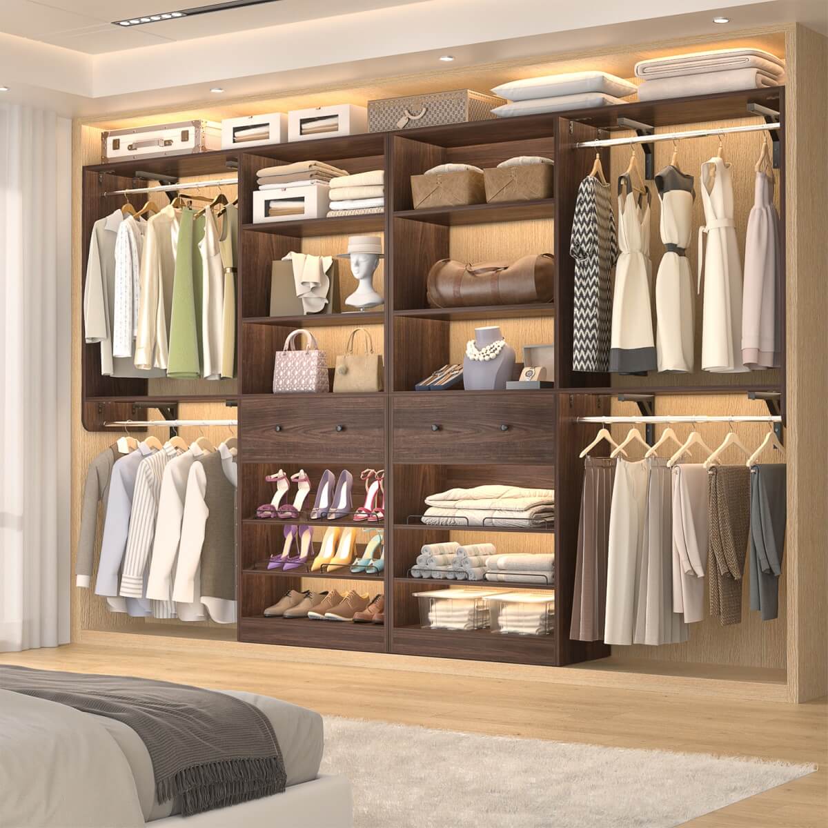 5FT Wood Closet Organizer System with 2 Hanging Rods and Adjustable Shelf, Reversible