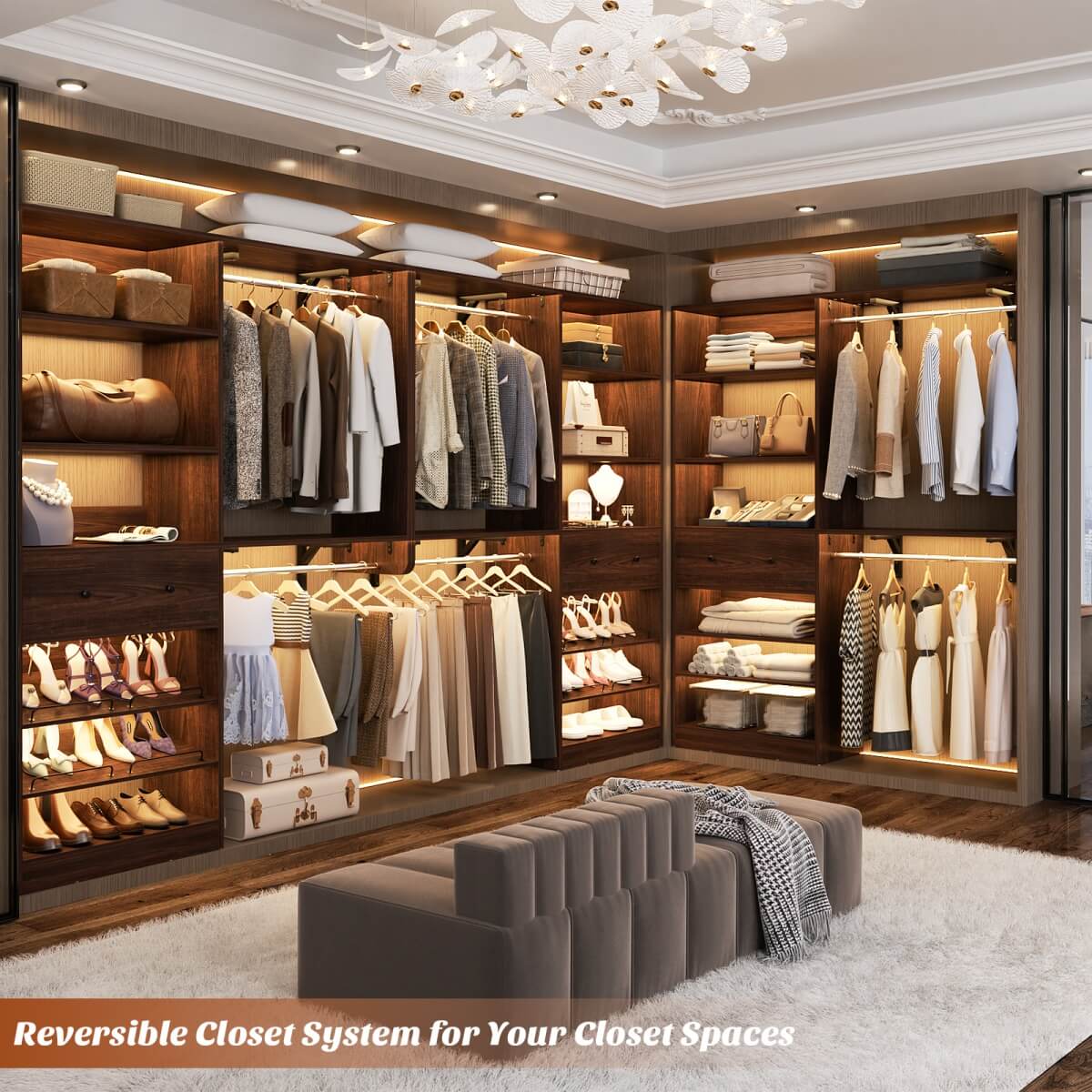 5FT Wood Closet Organizer System with 2 Hanging Rods and Adjustable Shelf, Reversible