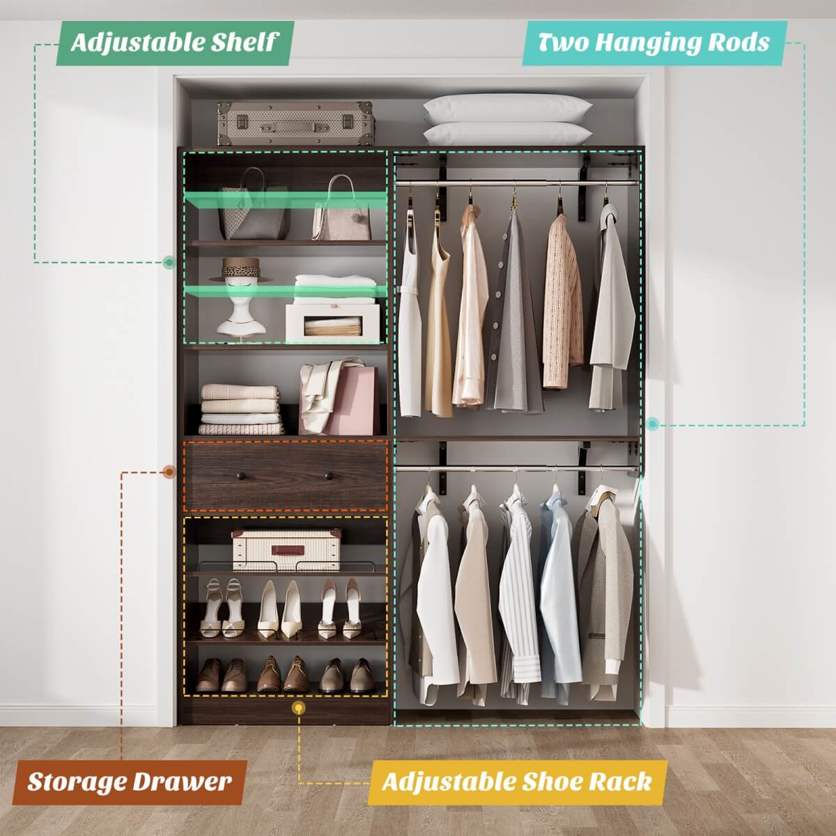 5FT Wood Closet Organizer System with 2 Hanging Rods and Adjustable Shelf, Reversible