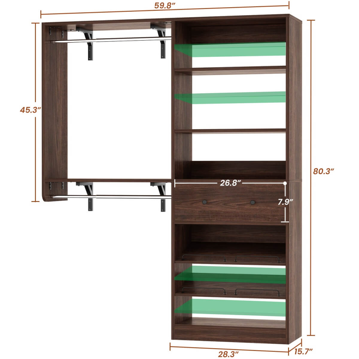 5FT Wood Closet Organizer System with 2 Hanging Rods and Adjustable Shelf, Reversible
