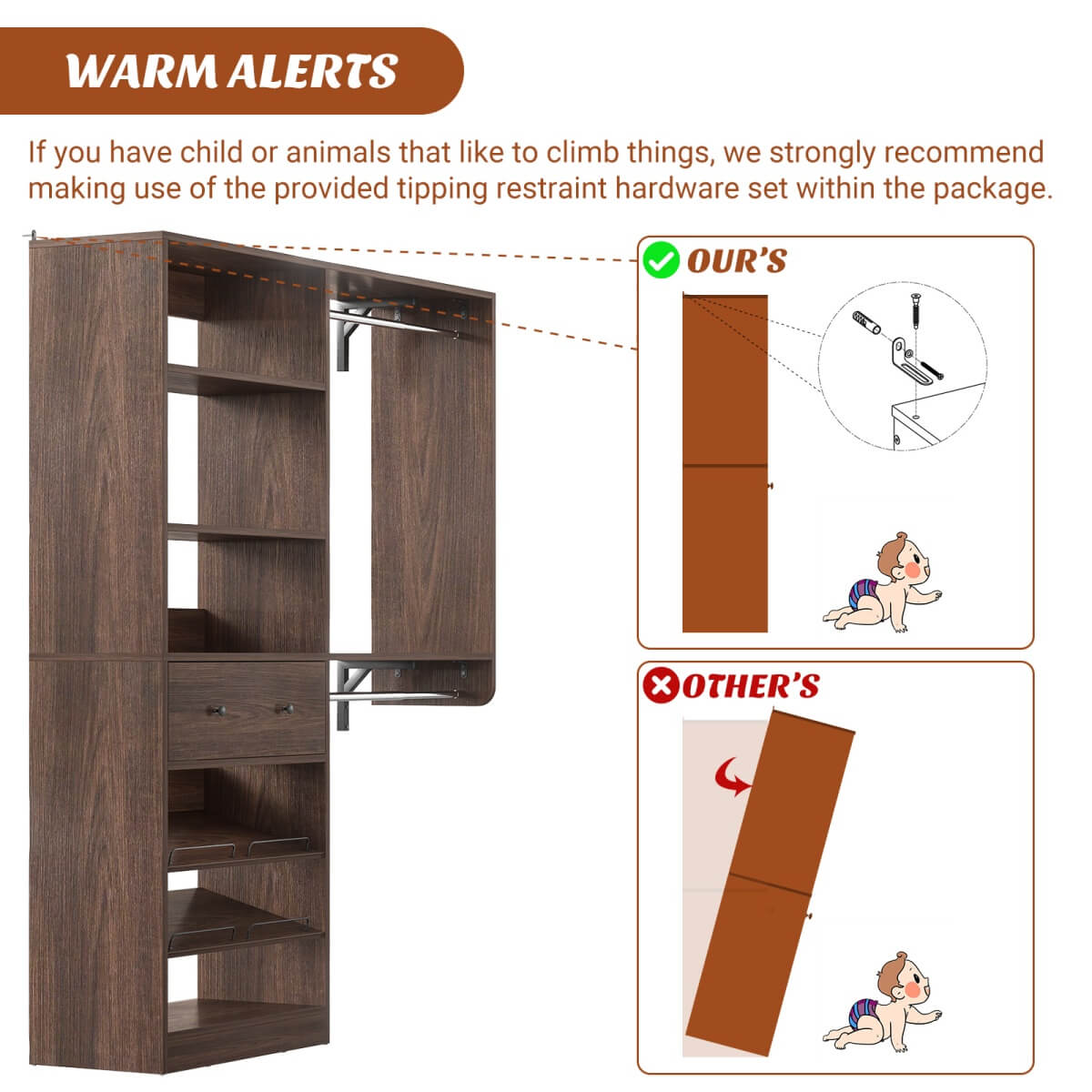 5FT Wood Closet Organizer System with 2 Hanging Rods and Adjustable Shelf, Reversible