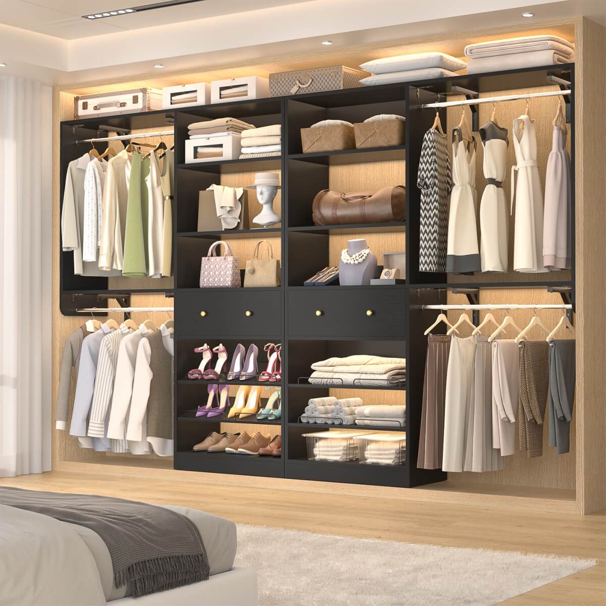 5FT Wood Closet Organizer System with 2 Hanging Rods and Adjustable Shelf, Reversible