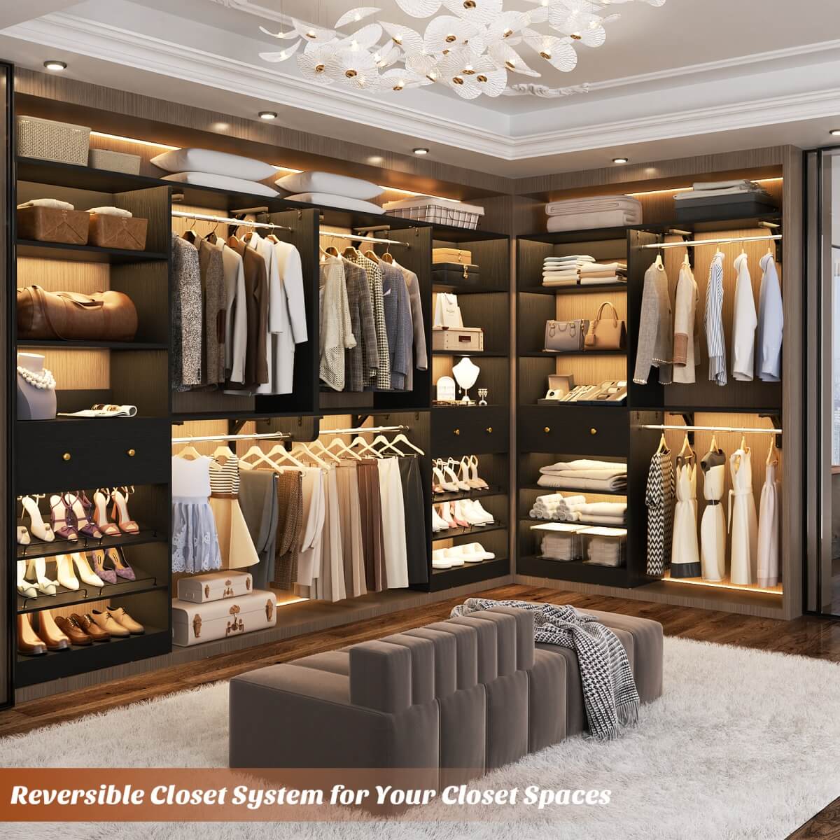5FT Wood Closet Organizer System with 2 Hanging Rods and Adjustable Shelf, Reversible