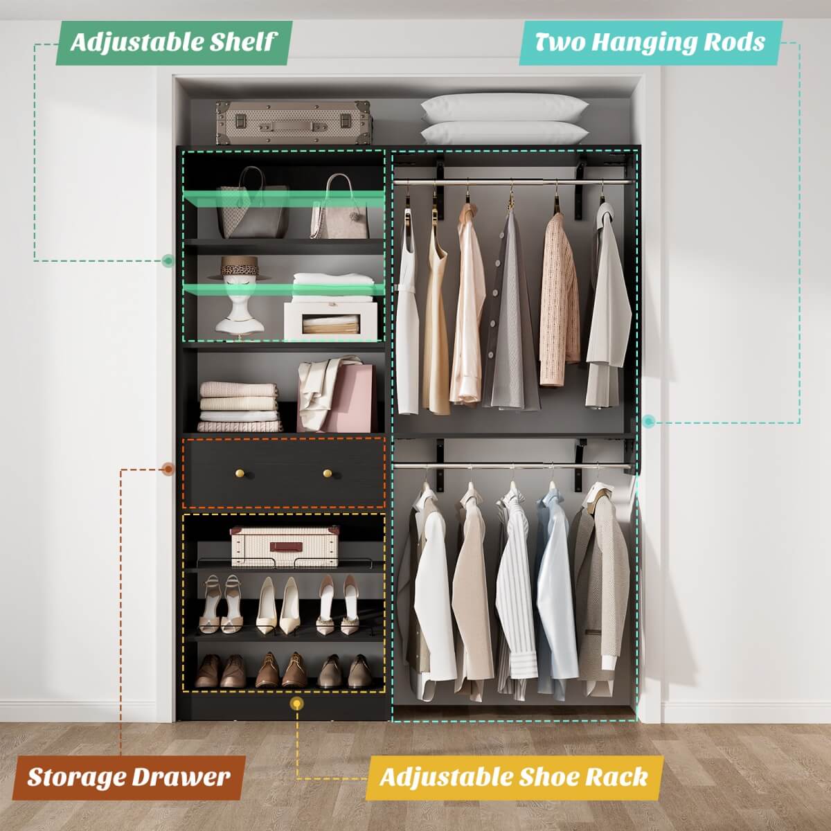 5FT Wood Closet Organizer System with 2 Hanging Rods and Adjustable Shelf, Reversible