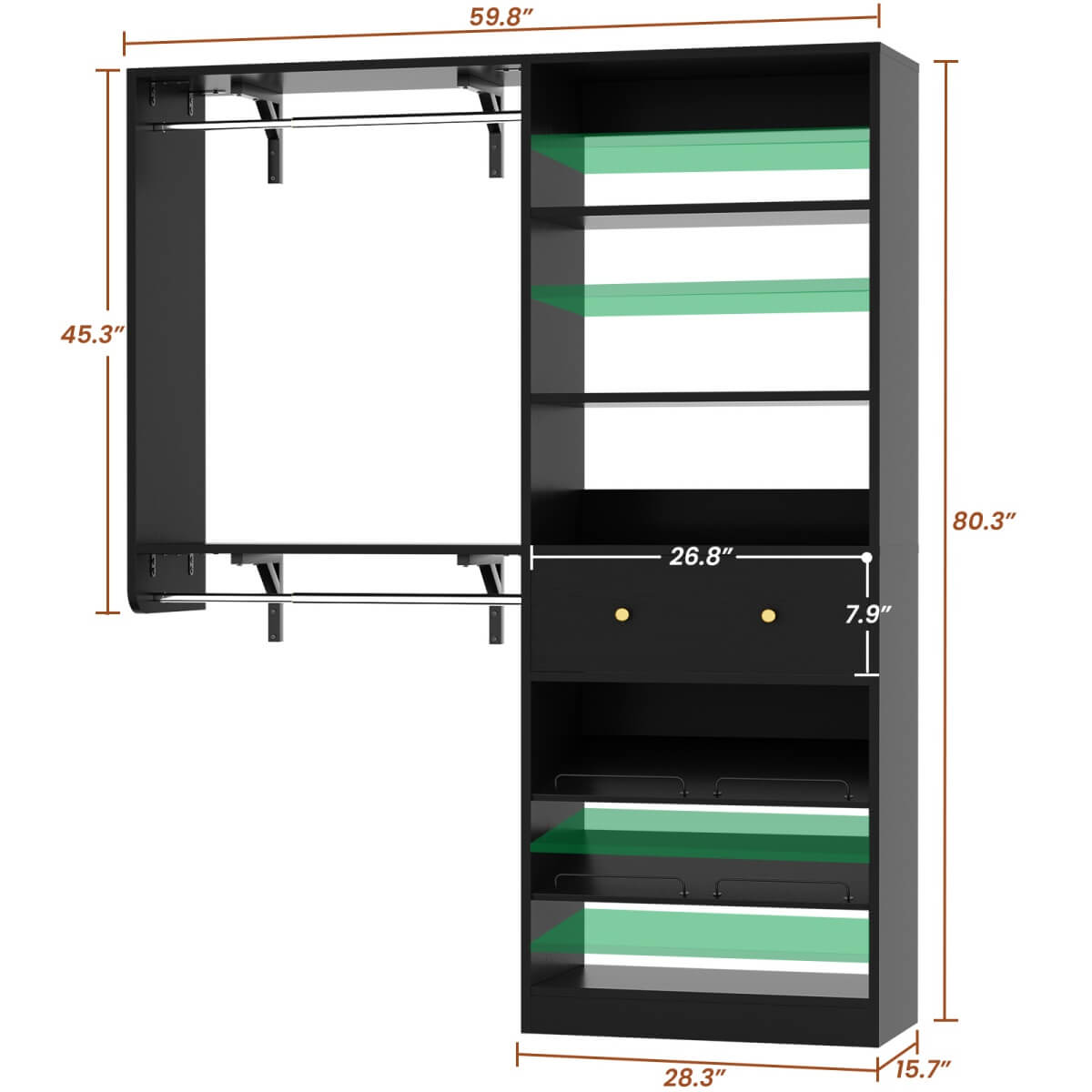 5FT Wood Closet Organizer System with 2 Hanging Rods and Adjustable Shelf, Reversible