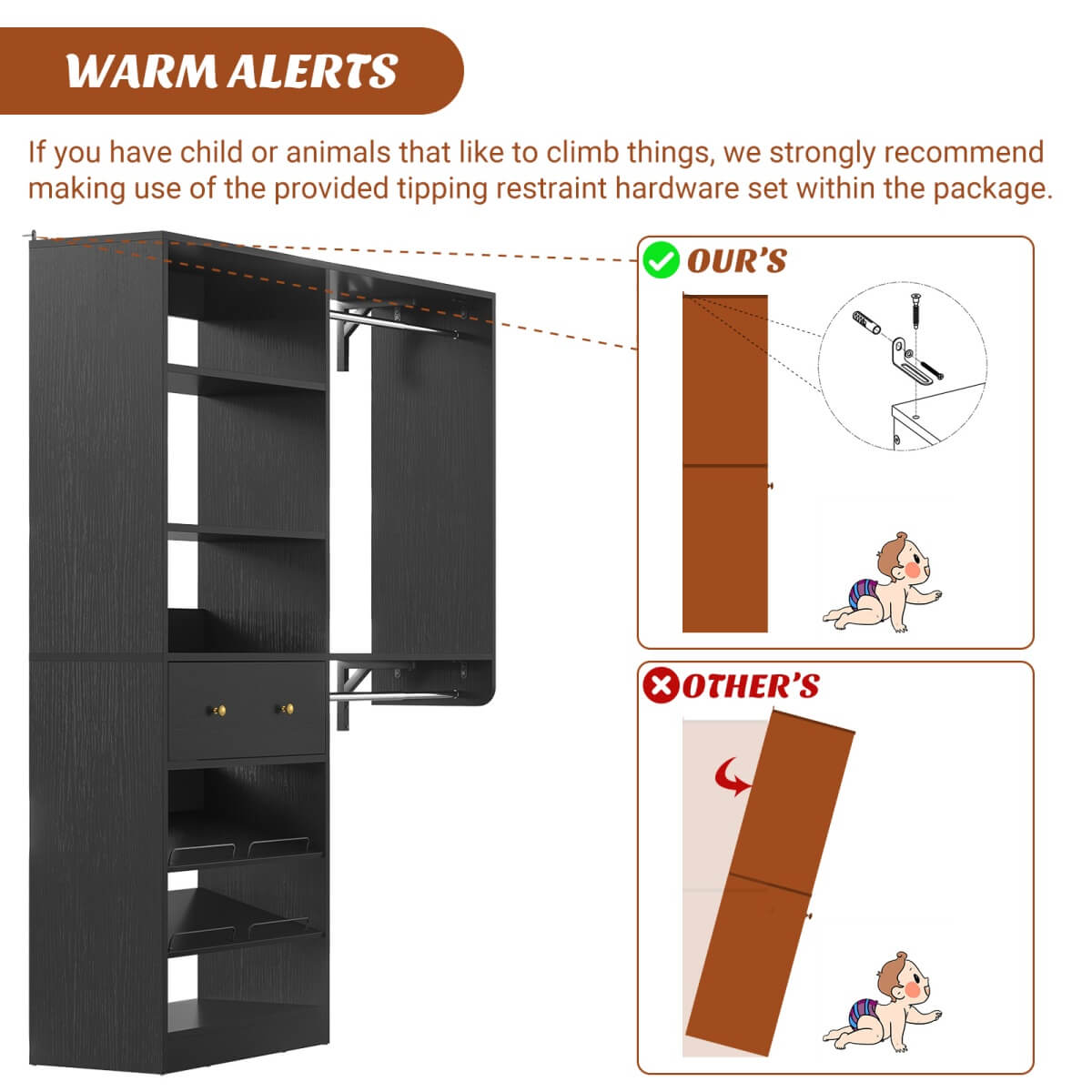 5FT Wood Closet Organizer System with 2 Hanging Rods and Adjustable Shelf, Reversible