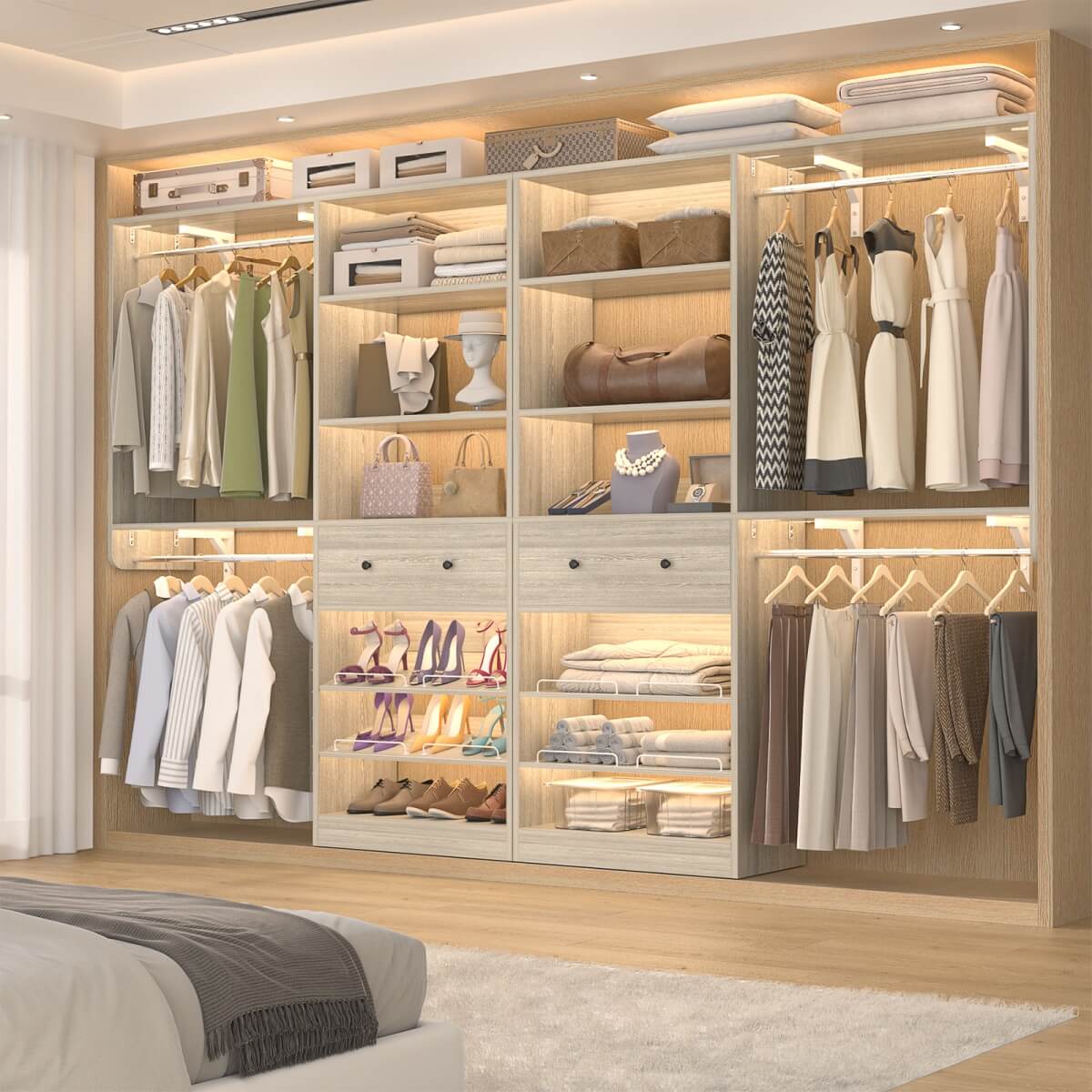 5FT Wood Closet Organizer System with 2 Hanging Rods and Adjustable Shelf, Reversible