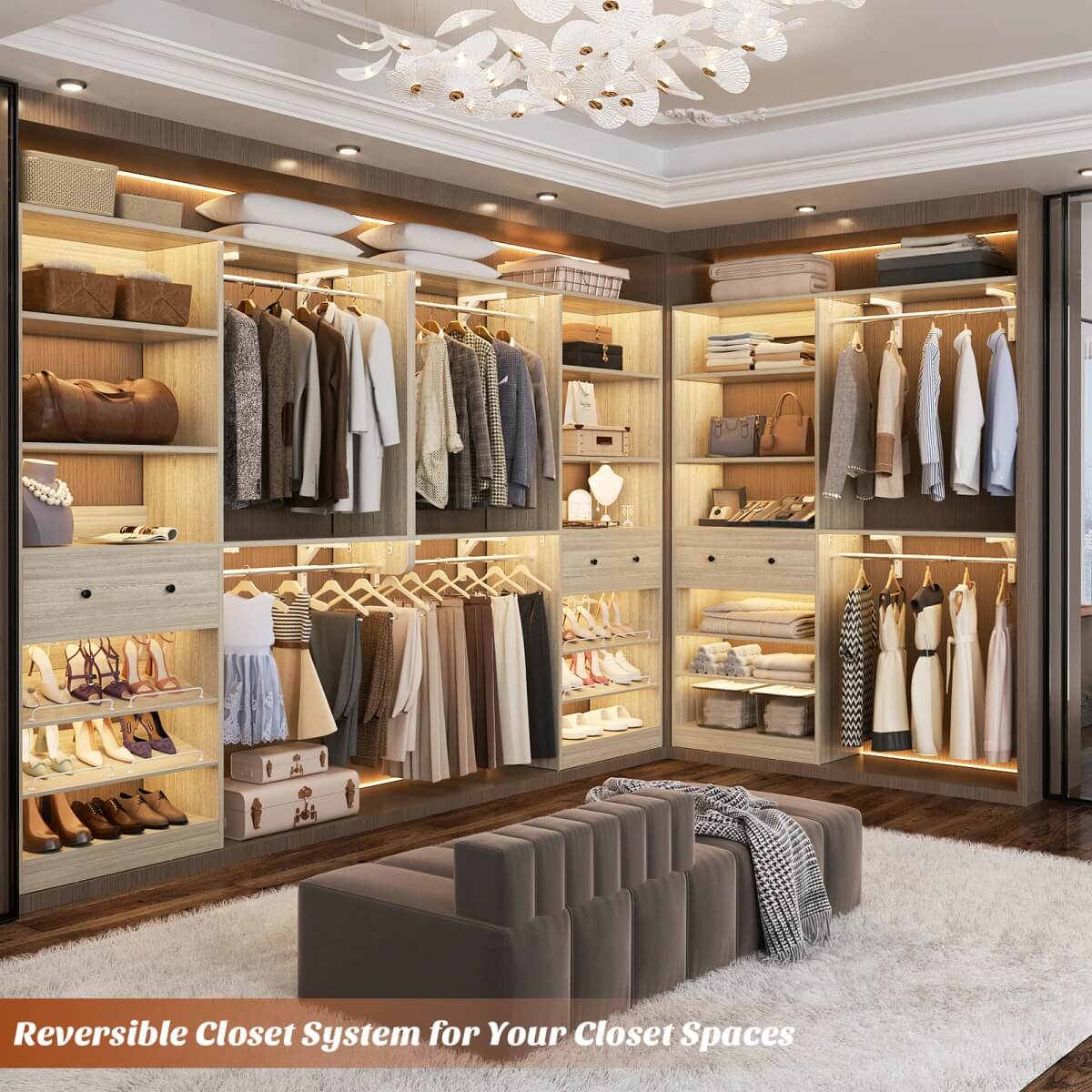 5FT Wood Closet Organizer System with 2 Hanging Rods and Adjustable Shelf, Reversible