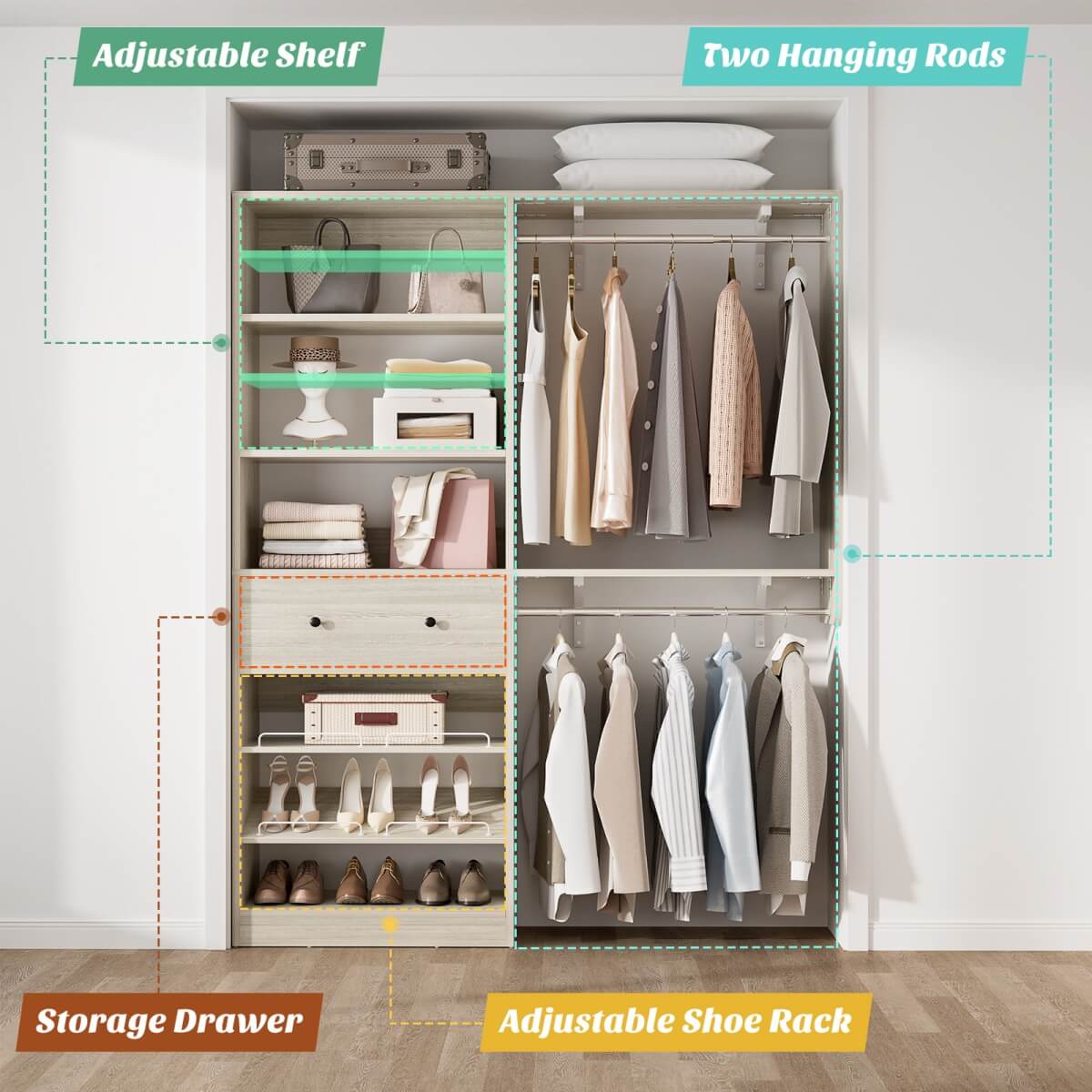 5FT Wood Closet Organizer System with 2 Hanging Rods and Adjustable Shelf, Reversible
