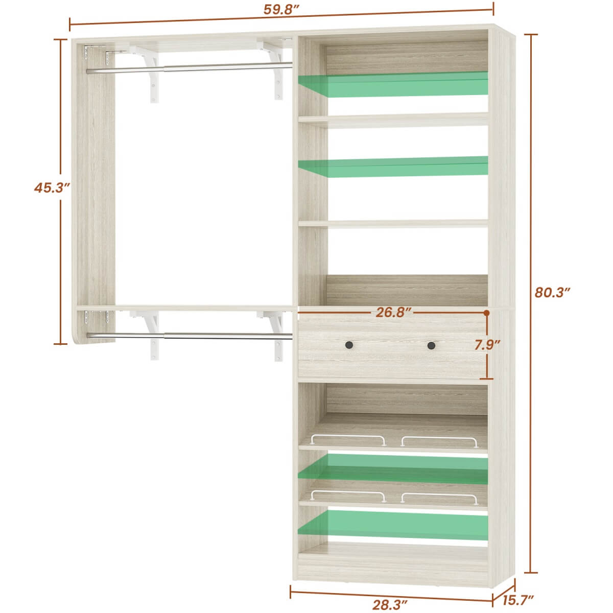 5FT Wood Closet Organizer System with 2 Hanging Rods and Adjustable Shelf, Reversible