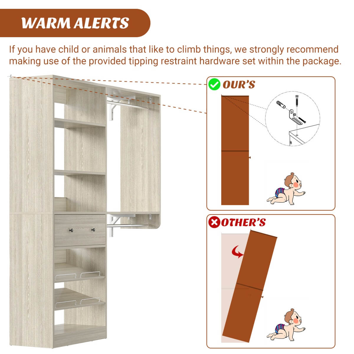 5FT Wood Closet Organizer System with 2 Hanging Rods and Adjustable Shelf, Reversible