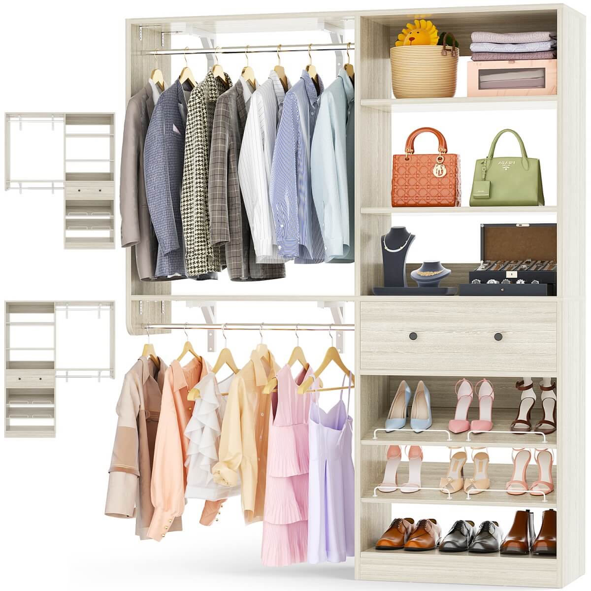 5FT Wood Closet Organizer System with 2 Hanging Rods and Adjustable Shelf, Reversible