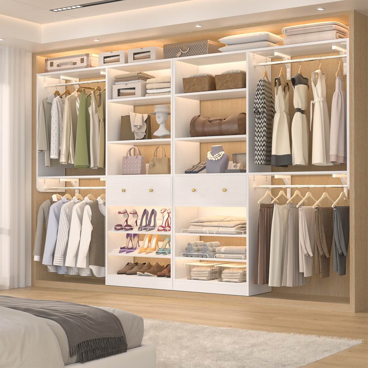 5FT Wood Closet Organizer System with 2 Hanging Rods and Adjustable Shelf, Reversible