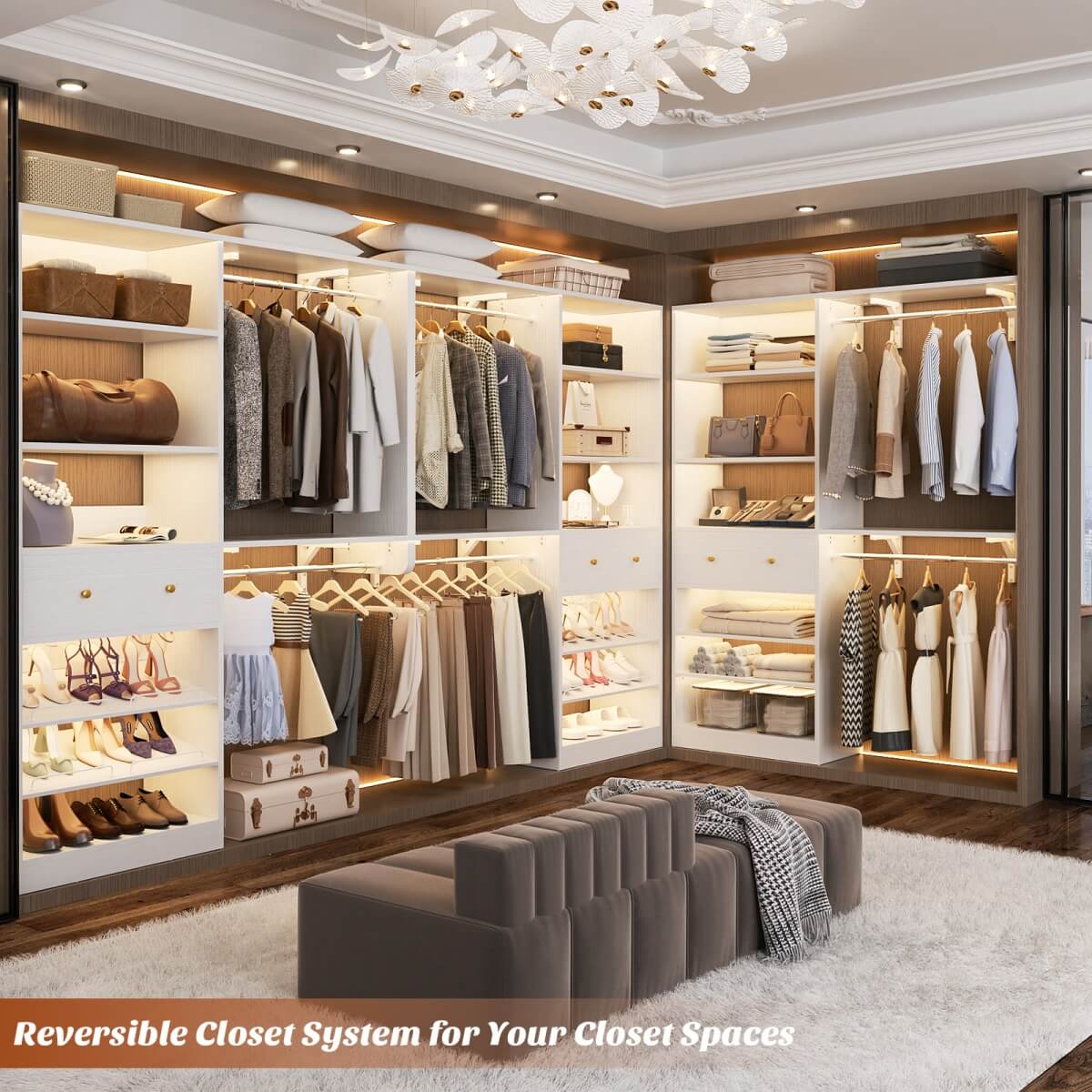 5FT Wood Closet Organizer System with 2 Hanging Rods and Adjustable Shelf, Reversible