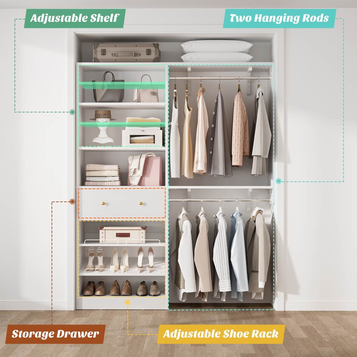 5FT Wood Closet Organizer System with 2 Hanging Rods and Adjustable Shelf, Reversible