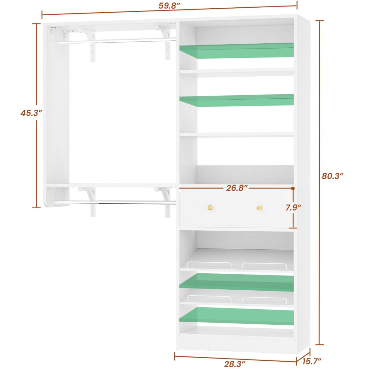 5FT Wood Closet Organizer System with 2 Hanging Rods and Adjustable Shelf, Reversible