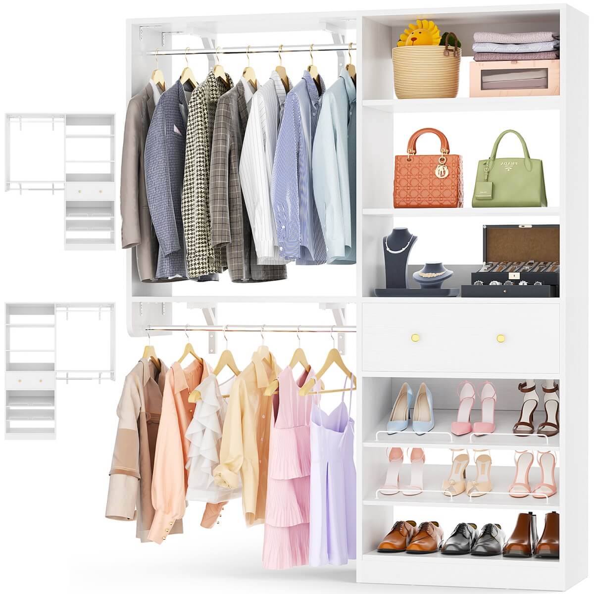 5FT Wood Closet Organizer System with 2 Hanging Rods and Adjustable Shelf, Reversible