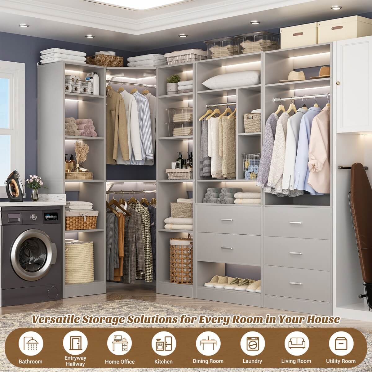 87.2 Inch Freestanding Closet System with Drawers and Hanging Rods, Set of 3