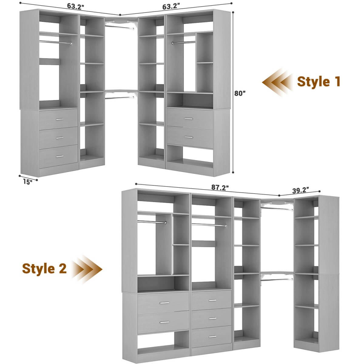 87.2 Inch Freestanding Closet System with Drawers and Hanging Rods, Set of 3