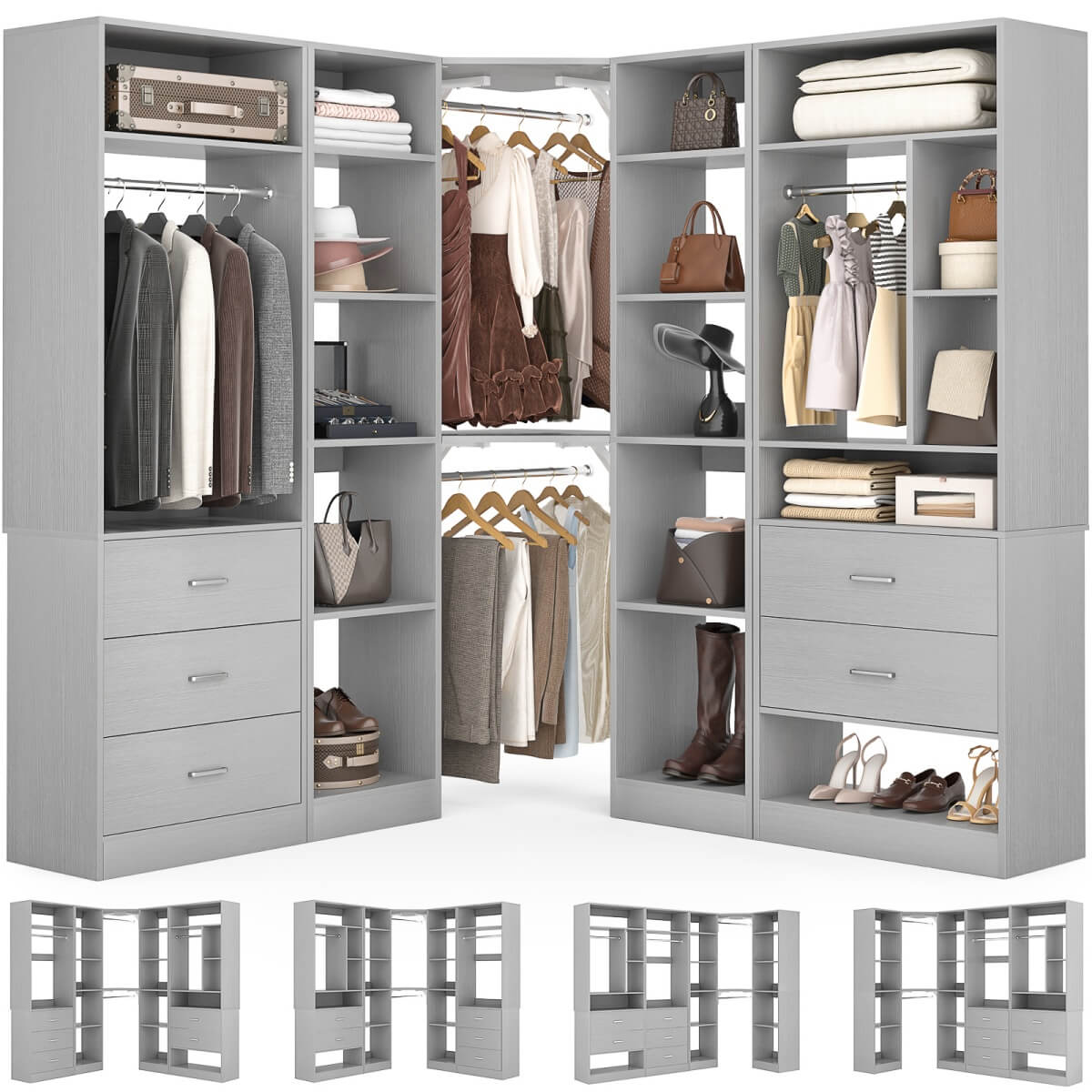 87.2 Inch Freestanding Closet System with Drawers and Hanging Rods, Set of 3