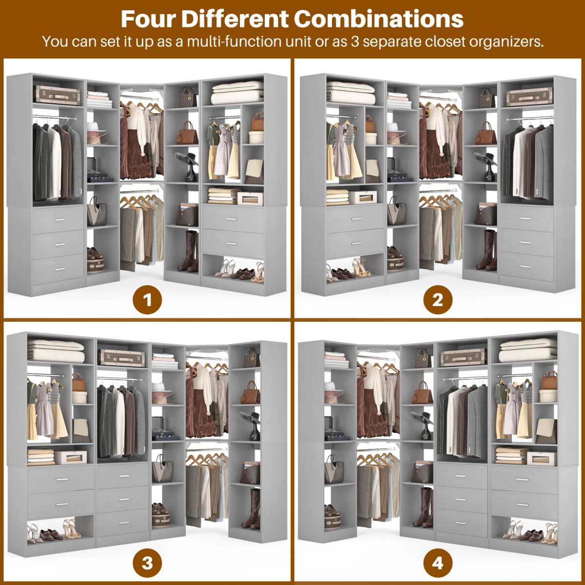 87.2 Inch Freestanding Closet System with Drawers and Hanging Rods, Set of 3