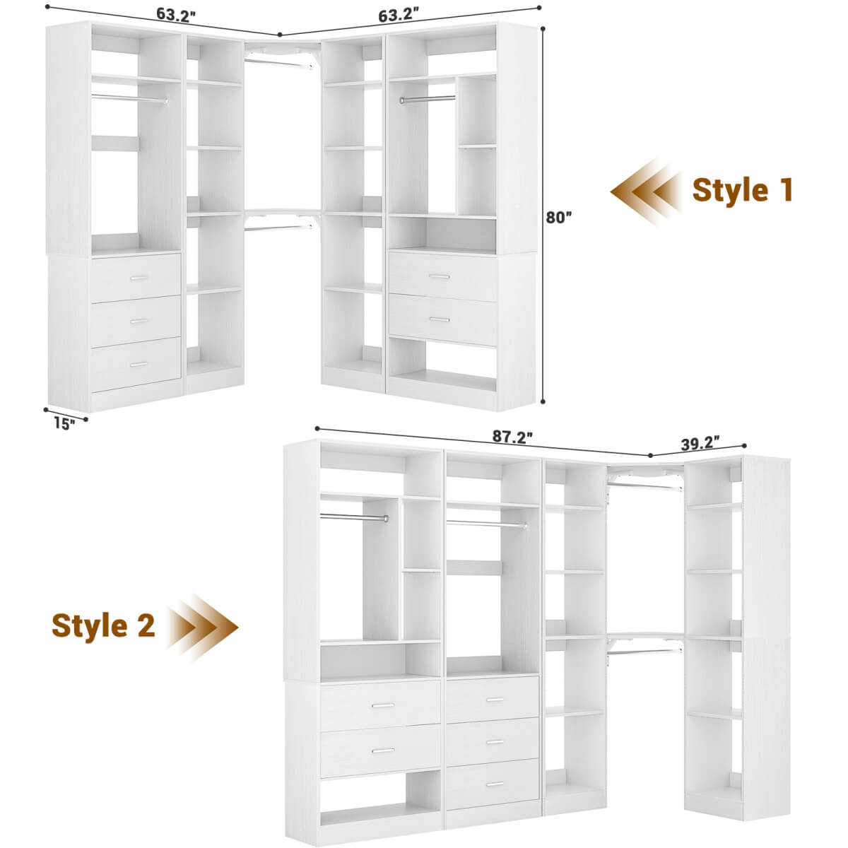 87.2 Inch Freestanding Closet System with Drawers and Hanging Rods, Set of 3