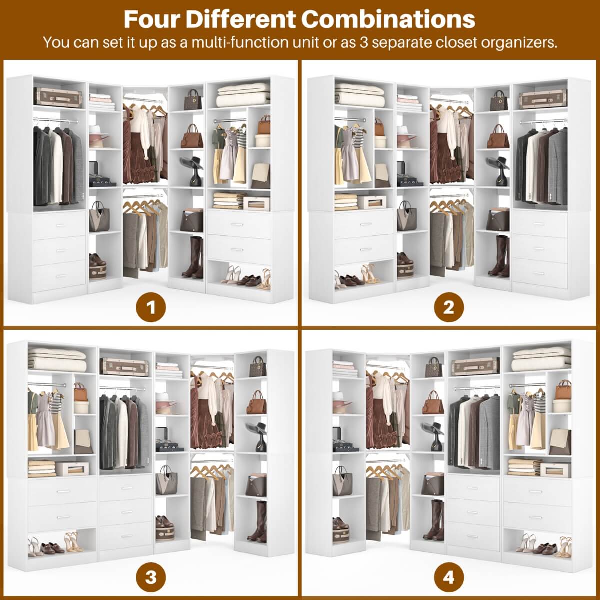 87.2 Inch Freestanding Closet System with Drawers and Hanging Rods, Set of 3