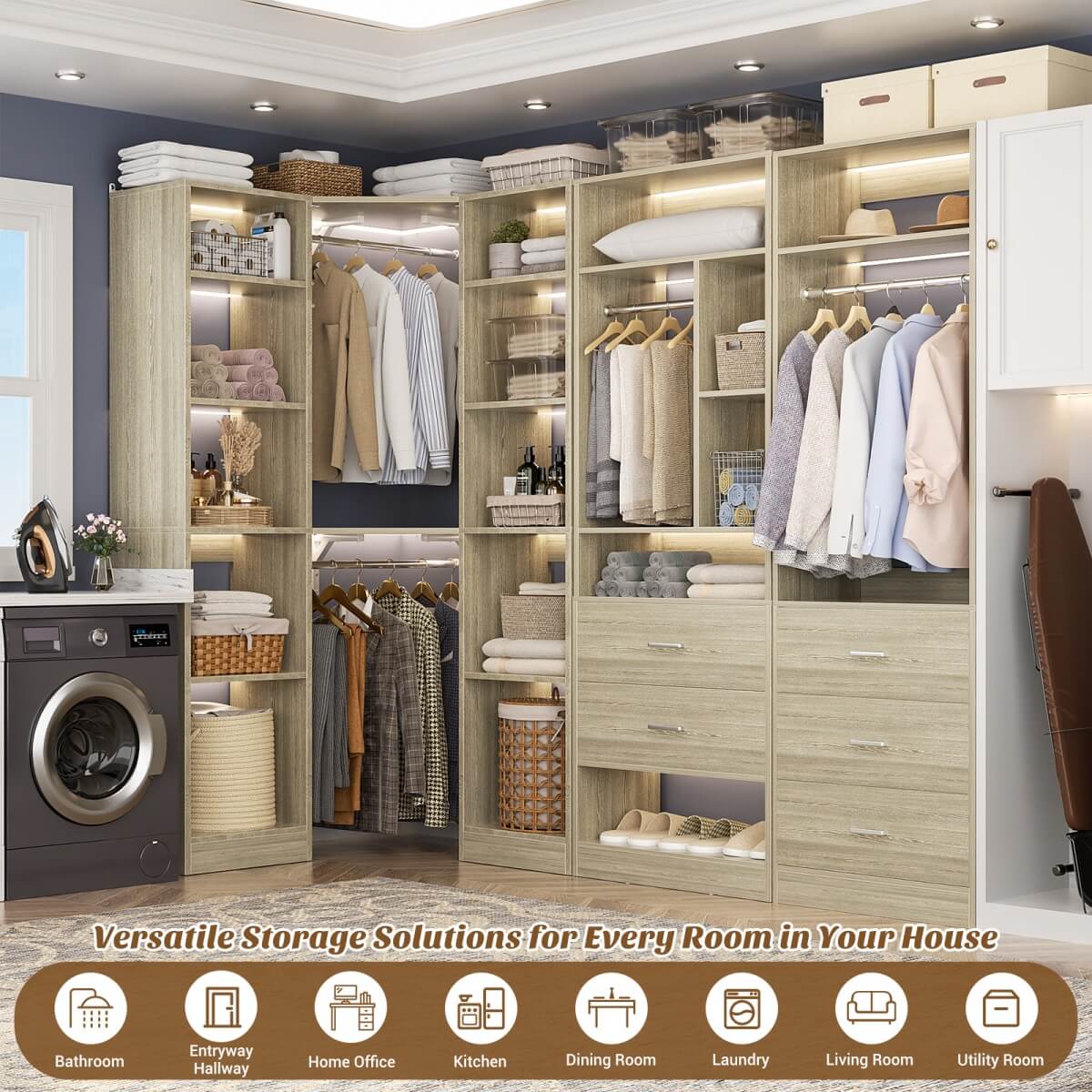 87.2 Inch Freestanding Closet System with Drawers and Hanging Rods, Set of 3