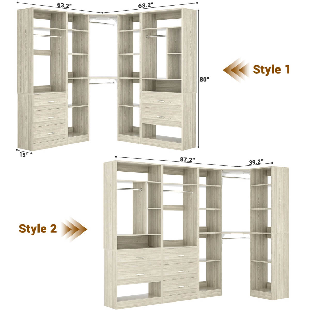 87.2 Inch Freestanding Closet System with Drawers and Hanging Rods, Set of 3