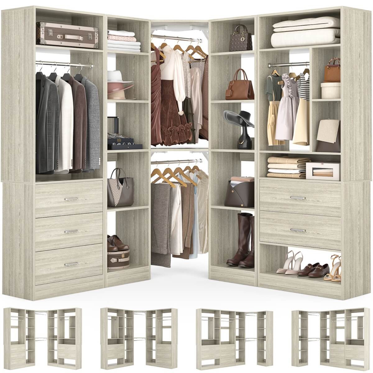 87.2 Inch Freestanding Closet System with Drawers and Hanging Rods, Set of 3