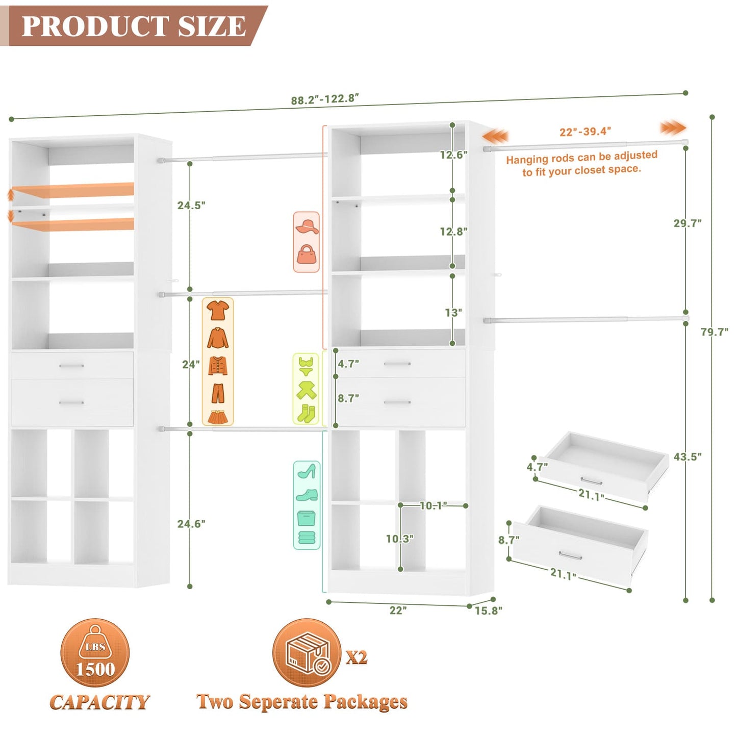 Closet System, 7.4ft-10ft with 4 Wooden Drawers and 5 Hanging Rods